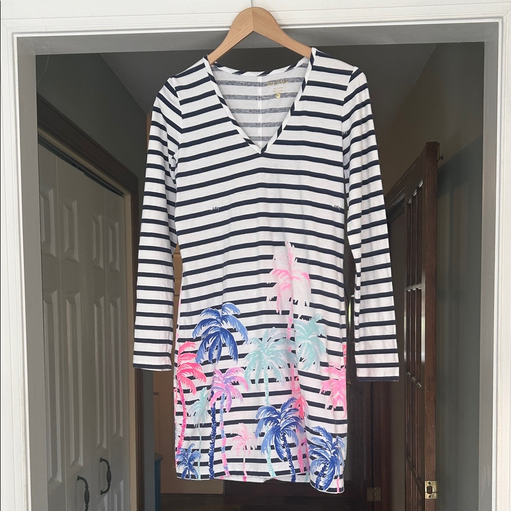 Lilly Pulitzer 100% Cotton Long Sleeve V Neck T Shirt Dress Sz M Palms Stripes